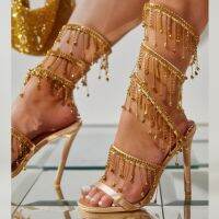 Eilyken Summer Fashion Rhinestone Golden Crystal Sandals Womens String Bead Night Club Stiletto Heel Wrap Strap Peep Toe Shoes