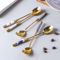 ❅♂ Stainless Steel Coffee Stirring Spoon Ceramic Long Handle Brilliant Ice Cream Teaspoon Gold-Plated Dessert Spoon Tableware