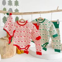 Unisex Baby Autumn Christmas Deer Top + Pants + Hat Three Piece Set