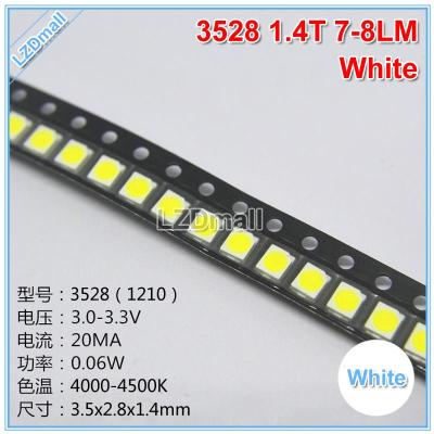 100ชิ้น3528 3V 20ma ไฟ LED สีขาวธรรมชาติโคมไฟลูกปัด1210 1.4T LED แบบ SMD 3528 0.06W 4000K-4500K 4-5LM 5-6LM 7-8LM