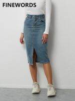 FINEWORDS 2022 Korean Casual Harajuku Denim Skirts High Waist Knee Length Split Streetwear Loose Easymatch Long