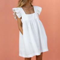 ZZOOI Cute Sundress Butterfly Sleeve Mini Dress Elegant Off Shoulder Backless Women Dress Summer Patchwork A-Line Pocket Beach Dress