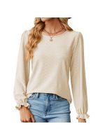 Women Ruffle Long Sleeve Round Neck Solid Loose T-shirt Tops