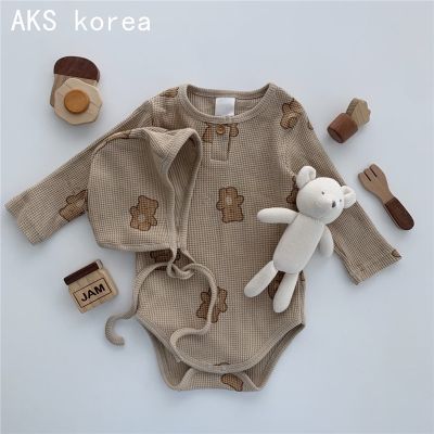 Newborn Baby Boy Girl Bear Print Long Sleeve Romper Bodysuit + Hat Spring and Autumn Infant Clothing