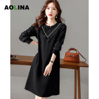 AOLINA 2022ใหม่ฤดูใบไม้ร่วงของผู้หญิงหลวมเกาหลีกระโปรงแขนยาว Neckline เย็บชุดลูกไม้