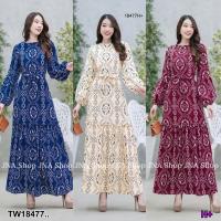 TT18477 แม็กซี่เดรสแขนพอง พิมพ์ลาย ผูกโบว์เอว .Maxi dress with puff sleeves, printed pattern, bow tied at the waist..