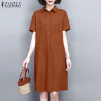 (จัดส่งฟรี)Fancystyle ZANZEA เสื้อกระดุมวินเทจขึ้นผู้หญิงธรรมดาชุดลำลองหลวมเปิดลง-ชุดเดรสมีปก #8