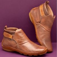 CODluba03411 Leather Ankle Boots Autumn Vintage Women Shoes Comfortable Flat Heel Boots Short Boot