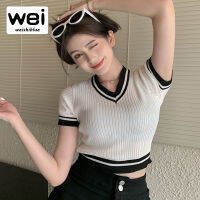 WEISHIBLUE ผู้หญิงแฟชั่นอินเทรนด์ Patchwork เสื้อยืด Retro สีขาว V คอเสื้อหญิงแขนสั้นถัก Crop Tops