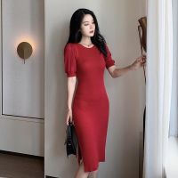 ◇☫♤ Cotton summer new solid color knitted split mid length dress slim and slim ice silk hip skirt