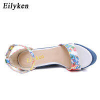 Eilyken 2022 New Designer Print Denim Sandals Roman Sandals High Quality Wedges High Heels Peep-Toe Platform Shoes Woman