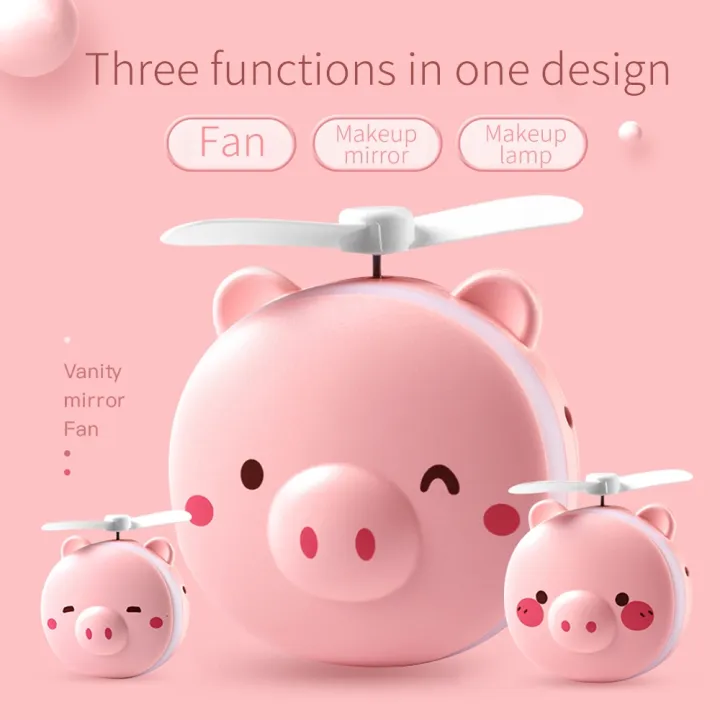 Rubber Blades Fan Piggy Cartoon LED Makeup Mirror Light With USB Cable Mini  Fan for Household, Gift for Girls | Lazada PH