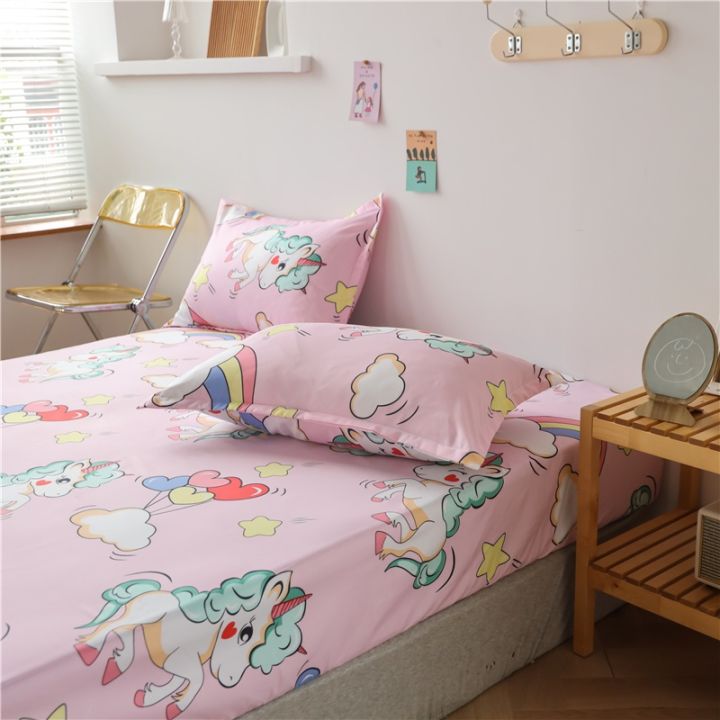 heureux-hot-sell-fitted-bedsheet-single-queen-king-size-cotton-fabric-pink-color-unicorn-pattern