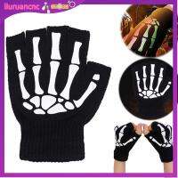 LIURU ใหม่ เรืองแสงในความมืด ยืด Skeleton Skull Winter Mittens ถุงมือไร้นิ้ว Warm Grip