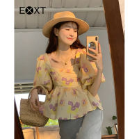 ชุดแขนพองสั้น Sablon Bunga ผู้หญิงคอเหลี่ยมสำหรับเสื้อสตรีฤดูร้อน Peplum หรูหรา EXXT