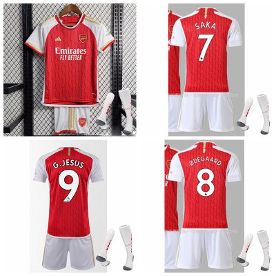 2023-24 Arsenal Home Football Kids Jersey Set Saka Odegaard Martinelli Jesus Sports Shirts Kit For Child With Socks