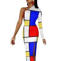 De Stijl Maxi Dress One Shoulder Mod 60s Mondrian Style Streetwear Bodycon Dresses Autumn Vintage Dress Womens Design Vestido