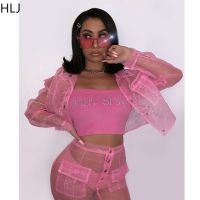 卐 HLJ Fashion Mesh Skirts Street Style Women Turndown Collar Long Sleeve Crop Top Mini Skirts Two Piece Sets Casual 2pcs Outfits