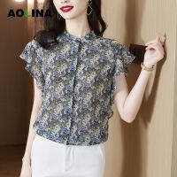 AOLINA 2023เสื้อเชิ้ตลายดอกไหมแท้ลดอายุแบบฝรั่งเศสใหม่สำหรับฤดูร้อนเสื้อขอบใบบัวอารมณ์ไหมหม่อนเสื้อเสื้อเชิ้ตตัวเล็ก