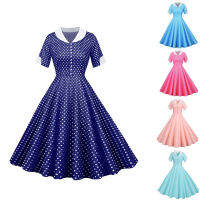 KKPolka Dot Swing Vintage Office Women Robe Beading แขนสั้น R Chic Rockabilly Party ฤดูร้อนชุด A-Line Vestidosq11