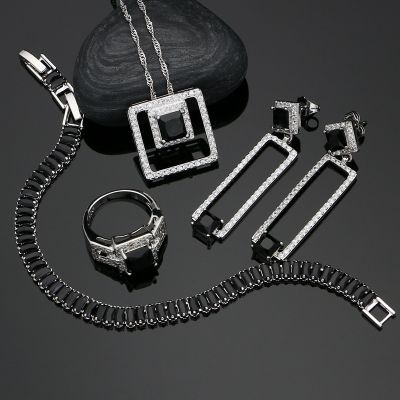 925 Silver Bridal Jewelry Sets Black Cubic Zirconia White Crystal Jewelry for Women EarringsPendantRingBraceletNecklace