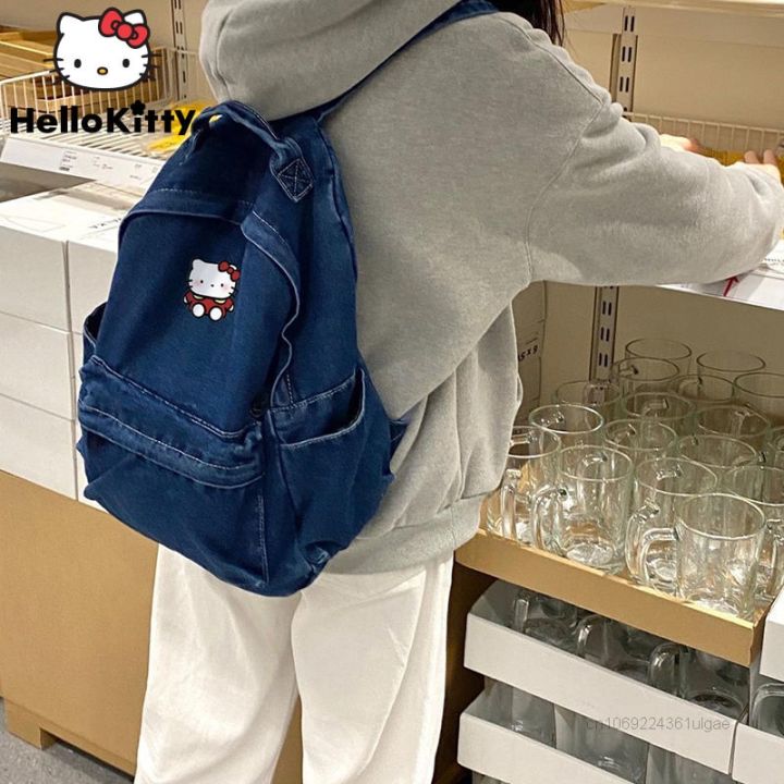sanrio-hello-kitty-กระเป๋าผ้ายีนส์-y2k-เป้แคนวาสความจุขนาดใหญ่สำหรับนักเรียนสะพายไหล่-mode-korea-กระเป๋านักเรียนกระเป๋าเป้ผู้หญิงน่ารัก2023new