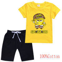 SpongeBob กางเกงขาสั้นชุดฤดูร้อนผ้าฝ้าย100% การ์ตูนแขนสั้นชายหญิงเด็กเสื้อผ้าลำลองเด็กชุดเสื้อยืด2ชิ้น8443