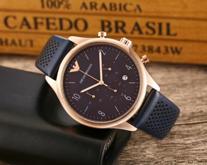 armani-นาฬิกาควอตซ์แฟชั่นสำหรับผู้ชาย-นาฬิกาข้อมือนาฬิกาสายหนังหน้าปัดสีทองแบบเรียบง่ายสำหรับผู้ชาย