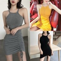 ashion y Drawstring Halter Sleeveless Knitted Party Mini Bodycon Dress