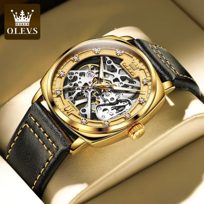 OELVS นาฬิกาโชว์กลไก นาฬิกาผู้ชาย สายแสตนเลส หน้าปัดดำ (สินค้าขายดีมาก) มั่นใจ ของแท้ ประกันศูนย์ 1 ปีเต็ม automatic watch for men Gold Skeleton Dial Luminous Punk