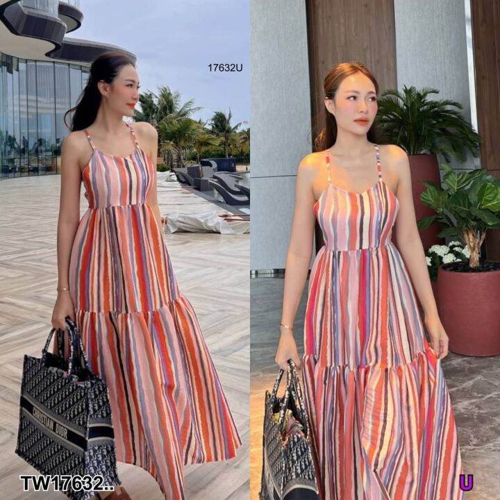 tw17632-แม็กซี่เดรสสายเดี่ยวสานหลังลายทาง