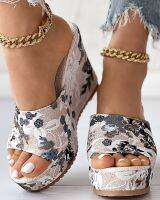 Women Shoes Fashion Shoes Casual Flip Flops Summer Vintage Floral Print Peep Toe Wedge Slippers