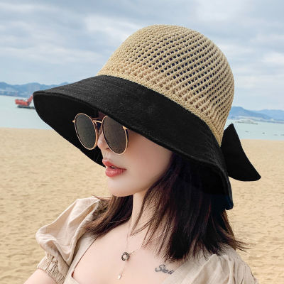 （HOT) หมวกกันแดดสำหรับผู้หญิงหมวกปีกเล็กสำหรับฤดูร้อนหมวกกันแดดหมวกสานสานสำหรับเดินทางชายหาดกลวงพับได้