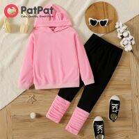 PatPat 2ชิ้นเด็กสาวหูออกแบบขนแกะขั้วโลกเสื้อกันหนาวหมวกเสื้อ Amd Colorblock S Plice Leggings ชุด