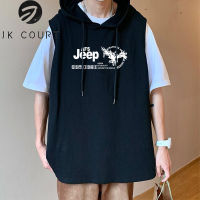 JK Court เสื้อผ้าโมโนแกรมทรงหลวมแขนลำลองขาสั้นเสื้อยืดพิมพ์ลายเทรนด์ใหม่