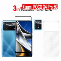 3in1สำหรับ Xiaomi ฟิล์มกระจกเทมเปอร์ X4 POCO Pro 5G และ Xiaomi X5 X3 F5 M4 M3 Pro 5G/ F4 X4 X3 GT Nfc/ C55 C50 C40 C51ปกป้องหน้าจอ + ฟิล์มเลนส์กล้อง + ฟิล์มด้านหลังคาร์บอนไฟเบอร์