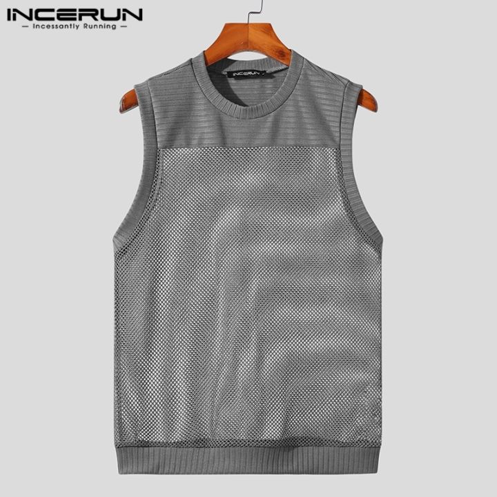 incerun-เสื้อกล้าม-ผ้าตาข่ายถัก-ลายทาง