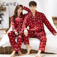 CAIYIER 2020 Winter Couple Pajamas Set Silk Loves Print Long Sleeve Sleepwear Men &amp; Women Casual Big Size Lovers Nightwear M-5XL