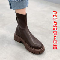 รองเท้าบูท Martin Caohuatang3Inner ยกสูง Sepatu BOOT Pendek รองเท้าบูทสกินนี่สไตล์อังกฤษของผู้หญิงรองเท้าบูทอัศวินพื้นหนารองเท้าบูทผู้หญิงรองเท้าส้นหนาซิปหลัง Bootscaohuatang3ผู้หญิง