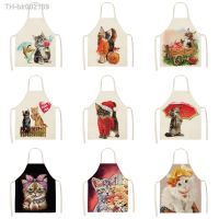 ▤ Cat Apron Parent-child Kitchen Aprons Funny Cartoon Cat Printed Sleeveless Cotton Linen Aprons for Home Cleaning Tools Brief