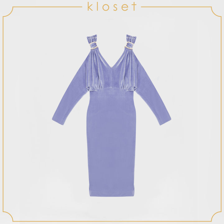 kloset-shoulder-ruffle-dress-aw20-d017-เสื้อผ้าแฟชั่น-เสื้อผ้าผู้หญิง-เดรสแฟชั่น-เดรสผ้าพื้น-เดรสแต่งดีเทลเข็มขัดบริเวณไหล่