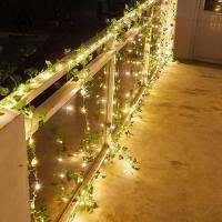 32.8ft ไฟ LED เถาเทียมหลอดไฟประดับแบบสายแสงอาทิตย์กันน้ำ100ดวงไฟประดับใบไม้สีเขียวปลอมใบไม้สีเขียวปลอมหลอดไฟประดับแบบสายเถาเทียมสว่างอัตโนมัติหลอดไฟประดับแบบสาย Keyohome