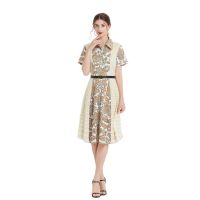 Women Dress Spot Real  Elegant Short Sleeve  Vintage Printed Midi Dress