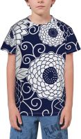 Japanese Floral Navy White Youth Short Sleeve T-Shirt 3D Graphic Tee Tops Shirts for Boys Teens