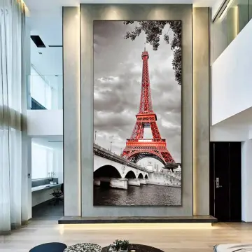 Large Framed Eiffel Tower Wall Art Paris Wall Decor Scenery Eiffel Tower Painting for Livingroom Bedroom Decoration Framed Painting Ready to Hang