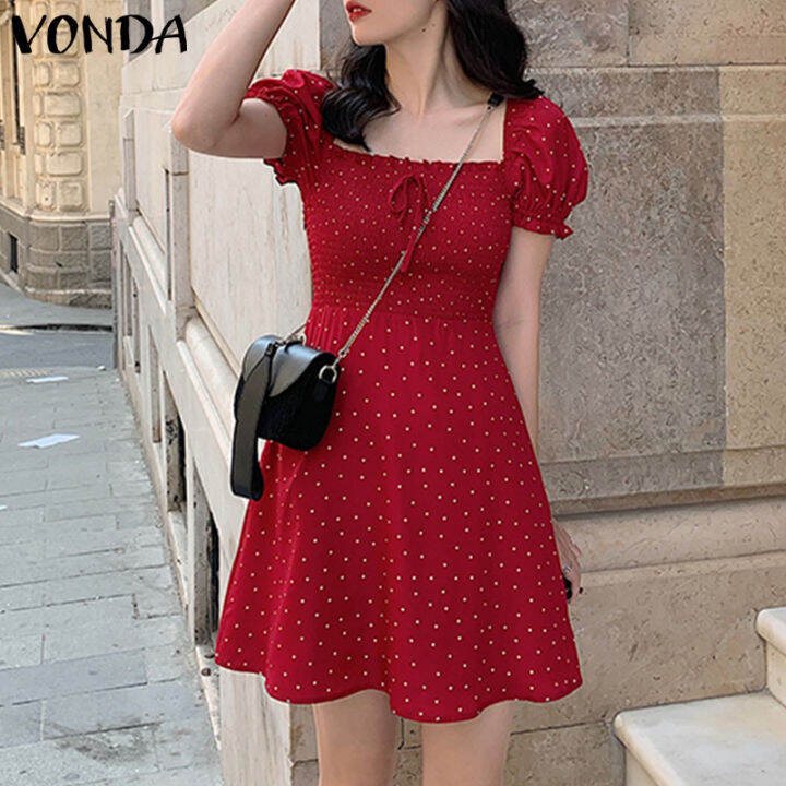 Vonda Women Short Sleeve Holiday Casual Dress Solid Pleated Dress Polka