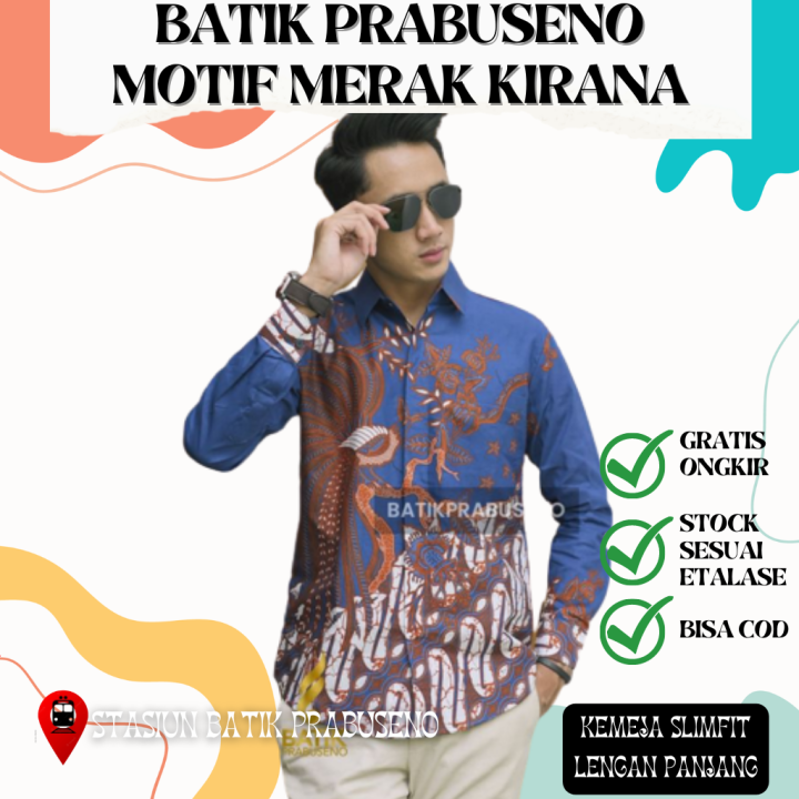 Batik Prabuseno Motif Merak Kirana Warna Biru Kemeja Pria Lengan ...