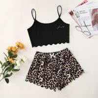 【JH】Womens Pajamas Sexy Leopard print Sling Sleepwear Set  V-Neck Pyjamas Female Homewear Sleeveless Cute Cami Top And Shorts