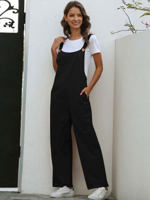 ชุดเอี๊ยมขาชุดจั๊มสูทสีดำทรงหลวมสำหรับผู้หญิงชุดยาวเกาะอก2023สำหรับฤดูร้อน Baju Monyet Panjang