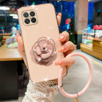 AnDyH For Honor X8 4G 5G Case,Fashion Luxury Beautiful Girls Floral Stand + Hand Ring Simple Solid Color Plated Soft Phone Case